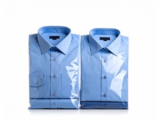 Two light blue shirts, folded, in clear plastic