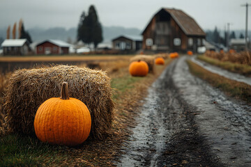 Rustic Farm Scene with Pumpkins and Hay Bales on a Misty Autumn Day
