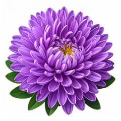 Purple aster flower bloom with leafy green base, isolated