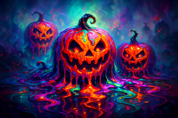 Neon-colored melting halloween jack-o-lanterns with dripping paint and vivid psychedelic colors