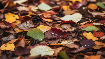 AI-Generated Fallen autumn leaves on the forest ground, background image.