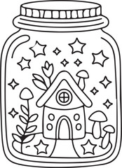 Enchanted Fairy House in Glass Jar – Magical Mushroom Cottage Fantasy Illustration