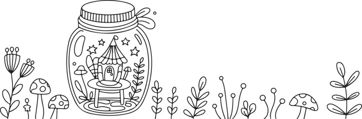 Fairy House in Jar Coloring Page – Cute Mushroom Cottage with Stars and Flowers