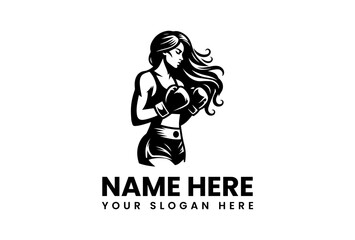 Fierce Female Boxer with Flowing Hair and Boxing Gloves in Stance.