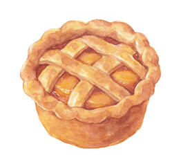 Watercolor illustration of a mini apple pie, hand drawn autumn dessert, Thanksgiving menu