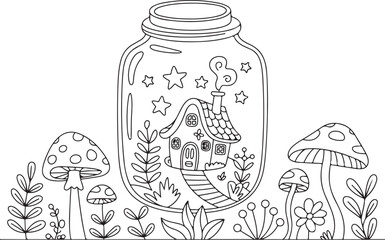 Fairy House in Jar Coloring Page – Cute Mushroom Cottage with Stars and Flowers
