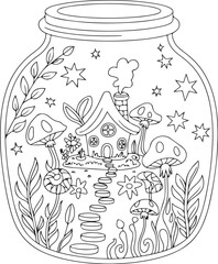 Fairy House in Jar Coloring Page – Cute Mushroom Cottage with Stars and Flowers