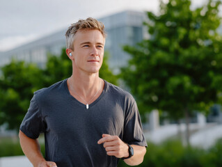 Man jogging outdoors wearing wireless earbuds and smartwatch