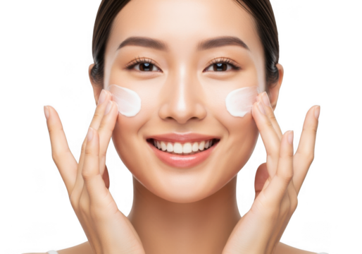 Smiling asian woman applying cream on face isolated on transparent background, promoting skincare, beauty, and a radiant complexion