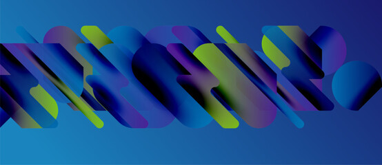 Abstract shapes overlap, creating vibrant gradients. Blue dominates with green, purple accents. Modern design, dynamic composition.