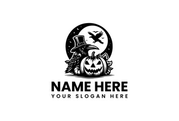 Halloween Raven with Top Hat Perched on Carved Pumpkin Under Crescent Moon.