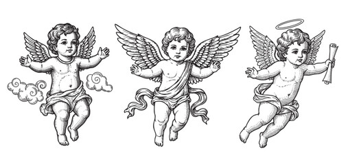Flying Cherub Cupid or Angel set Engraving  Illustration in Woodcut Style