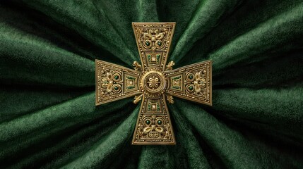 Coptic Cross. Liturgic Green Velvet with Golden Christian Symbolism for Orthodox Worship