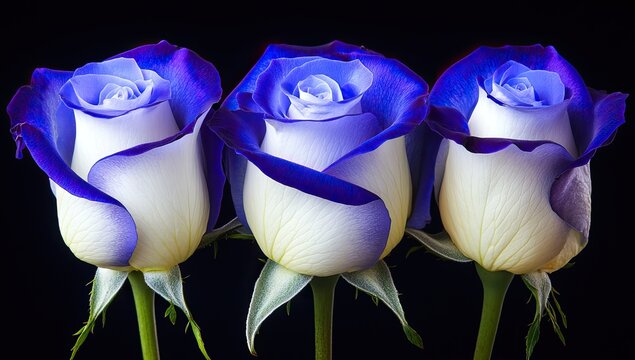 Three roses white petals tipped blue on dark background