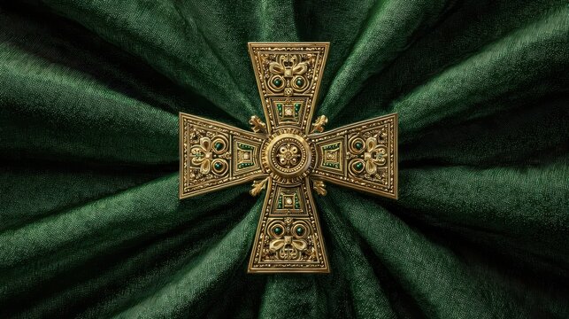 Coptic Cross. Liturgic Green Velvet with Golden Christian Symbolism for Orthodox Worship