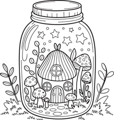 Cozy Cottage and Mushrooms in Fantasy Jar – Line Art Coloring
