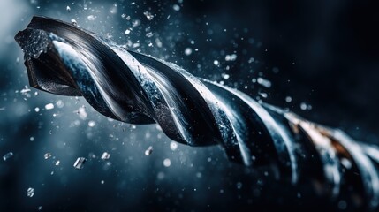 Dynamic macro close-up of a steel drill bit with chips and sparks flying around