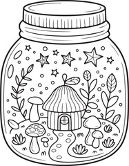 Cozy Cottage and Mushrooms in Fantasy Jar – Line Art Coloring