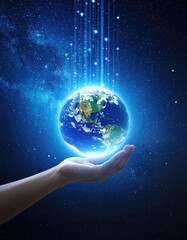 Hand touching digital hologram of Earth, glowing data streams, global connection concept 