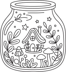 Cozy Cottage and Mushrooms in Fantasy Jar – Line Art Coloring