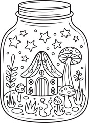 Cozy Cottage and Mushrooms in Fantasy Jar – Line Art Coloring
