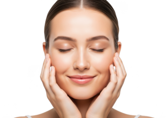 Closeup of a beautiful young woman with her eyes closed, gently touching her face, isolated on transparent background beauty and skincare concept