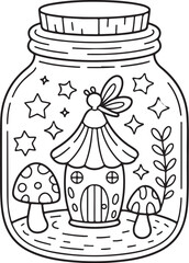 Fantasy Mushroom House in a Jar – Cute Fairyland Illustration