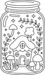 Fantasy Mushroom House in a Jar – Cute Fairyland Illustration