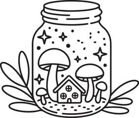 Enchanted Fairy House in Glass Jar – Magical Mushroom Cottage Fantasy Illustration