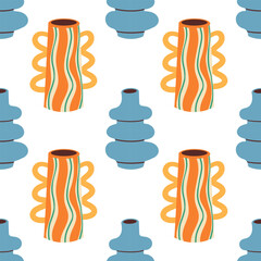 Abstract pottery seamless pattern. Ceramic vases, clay bowls and glass pots bg. Minimal boho shapes, freeform elements, simple jug and jar silhouettes. Modern earthy tones hand drawn icon background