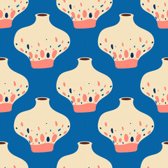 Abstract pottery seamless pattern. Ceramic vases, clay bowls and glass pots bg. Minimal boho shapes, freeform elements, simple jug and jar silhouettes. Modern earthy tones hand drawn icon background