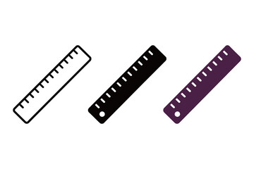 Ruler Tool Icon Set: Flat Vector and Outline Silhouette Illustration for Measurement, School, and Geometry