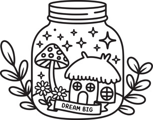 Fairy Cottage in Magic Jar with Mushrooms – Coloring Page