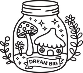 Fairy Cottage in Magic Jar with Mushrooms – Coloring Page