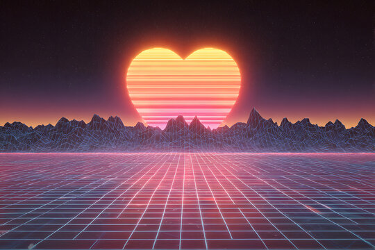 neon grid landscape with glowing heart shaped sun in retro futuristic style creating a vibrant romantic design
