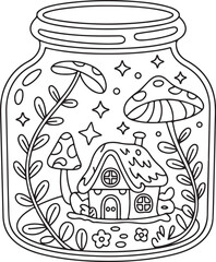 Fairy Cottage in Magic Jar with Mushrooms – Coloring Page