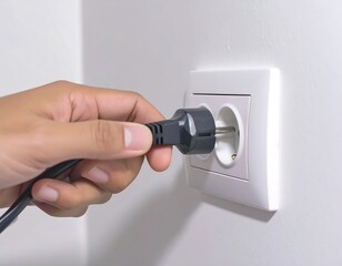 A person's hand inserts a dark-colored plug into a wall outlet