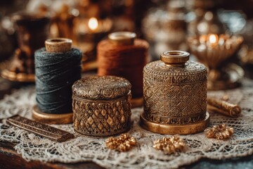 Antique Sewing Notions and Thread Spools Displayed on a Table