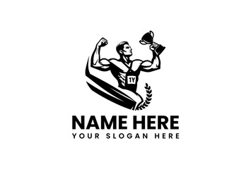 Muscular Athlete Celebrating Victory with Trophy and Laurel Wreath Logo.