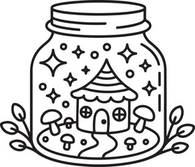 Dream Jar with Cottage and Mushroom – Fantasy Line Art