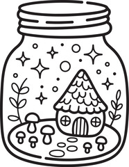 Dream Jar with Cottage and Mushroom – Fantasy Line Art