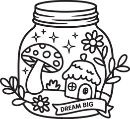 Dream Jar with Cottage and Mushroom – Fantasy Line Art