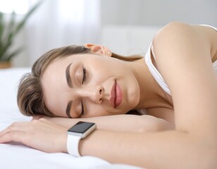 Obraz premium A peaceful woman sleeping with a fitness tracker