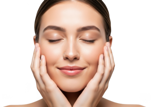 Portrait of a beautiful young woman with perfect skin touching her face with closed eyes isolated on transparent background beauty concept