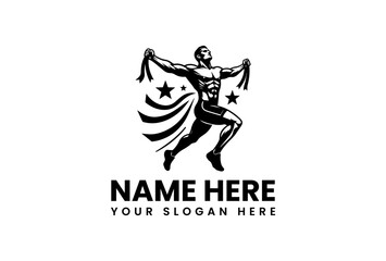 Fototapeta premium Muscular Figure Leaping with Ribbons and Stars in Black Silhouette.