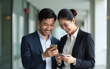 Two Asian business people using smartphone and talking together. High quality