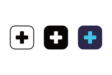 Plus Sign Icon Set in Rounded Square: Outline, Solid Black, and Blue for Add and Positive Value