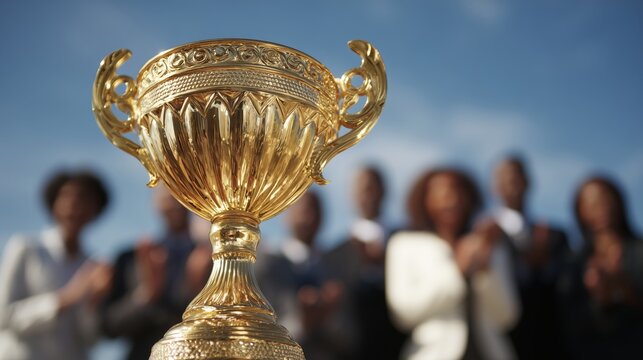 Close-up of a bright golden trophy with a blurred, cheering business team in the background