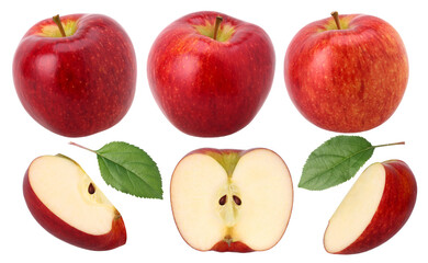 red apple (Envy Apple), half, slices and leaves isolated, fresh red apple, transparent PNG, PNG format