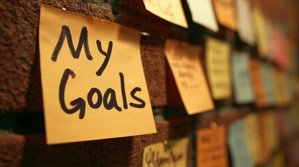 "My goals" handwritten on a sticky note attached to a textured wall with other blurred notes